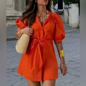ZARA Poplin Dress ZW Collection Orange Puff Sleeve Dress Size L